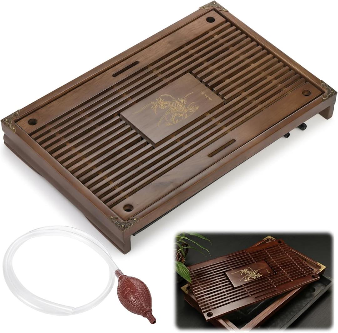 Eorbow Wooden Tea Tray, 17 Inch Chinese Kung Fu Tea Tray, Gongfu Tea Table with Water Storage Box, Household Filter Tea Serving Tray Gift Set for Home, Office, Bar