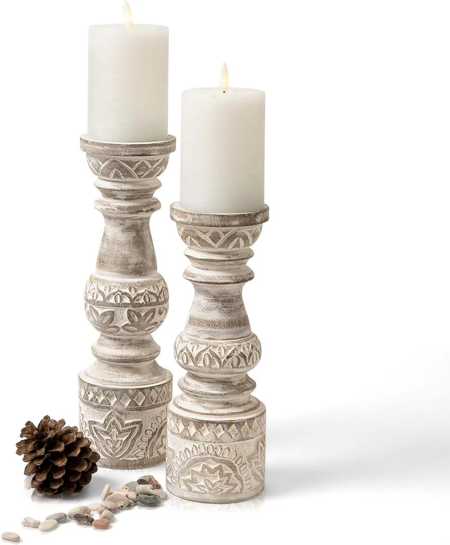 Kurrajong Farmhouse Candle Holders - Boho Set of 2 Tall Candle Stands | Decorative Wood 10" and 12" high | White Washed Candle Holders for Pillar Candles