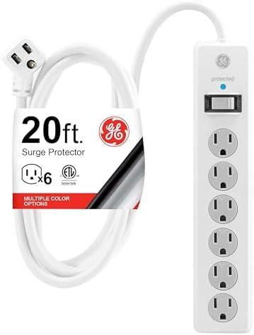 GE Surge Protector Power Strip, 20 Ft Extension Cord, 6 Outlet Extender, 800 Joules, Flat Plug, Twist-to-Close Safety Covers, ETL Listed, White, 50770