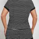 Beautife Womens Plus Size Lounge Set 2 Piece Outfits Stripe Short Sleeve Shirts Tops Shorts Summer Casual Loungewear Black (Black)