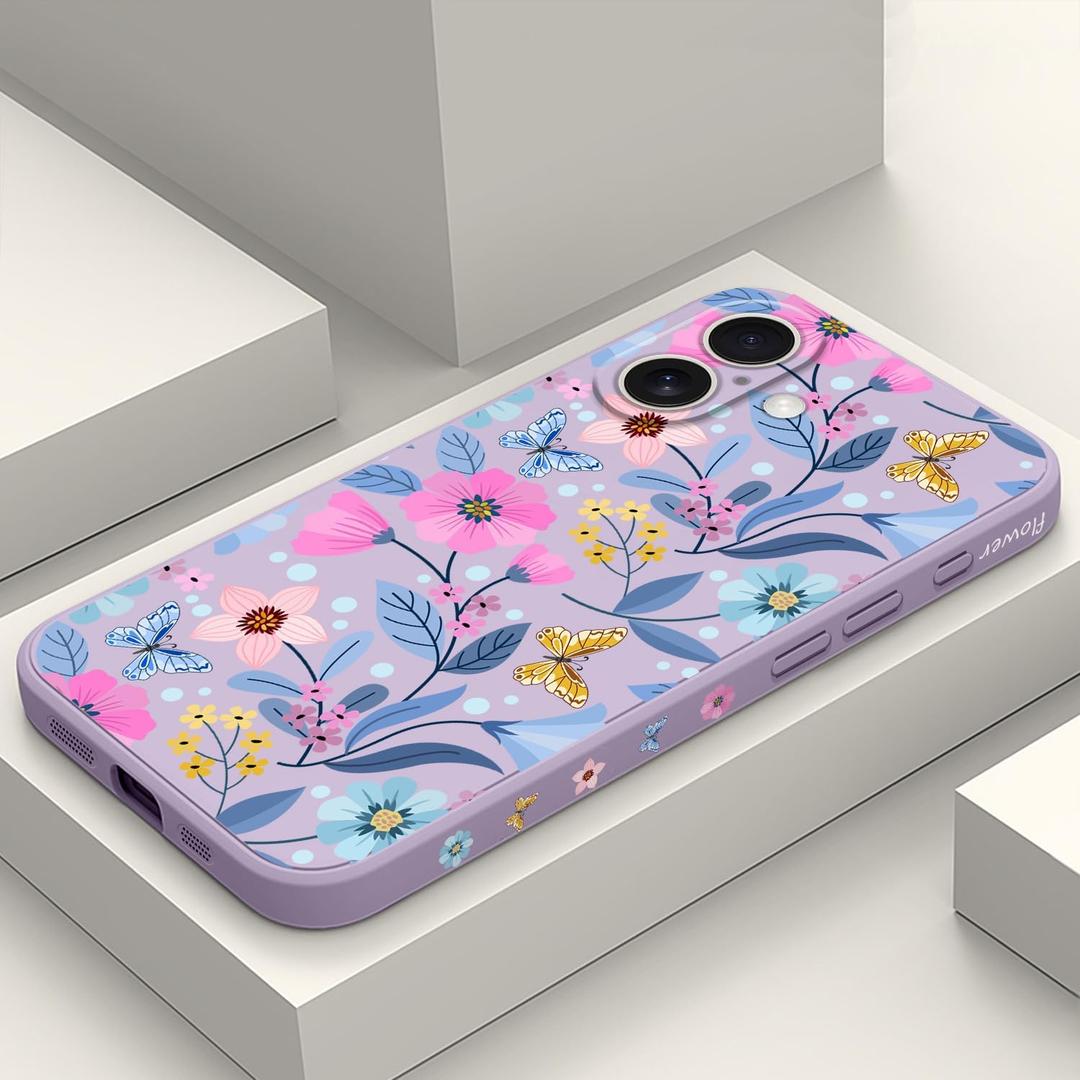 for iPhone 16 Case Anti Scratch Microfiber Lining Phone Cover Silicone Ultra Slim Case for iPhone 16 6.1 inch-Flower Purple