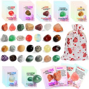 Gifts for Kids - 28 Pack Exchange Cards & Natural Gemstone Crystals Rocks Minerals Bulk,Cards for Boys Girls Classroom Party Favors (Green)