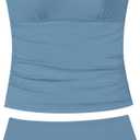 Girls Swimsuit Solid Color Tankini Contrast Trim Swimwear 2 Piece Bathing Suit Padded Swimsuits for Teens 9-16Y (Blue, M)