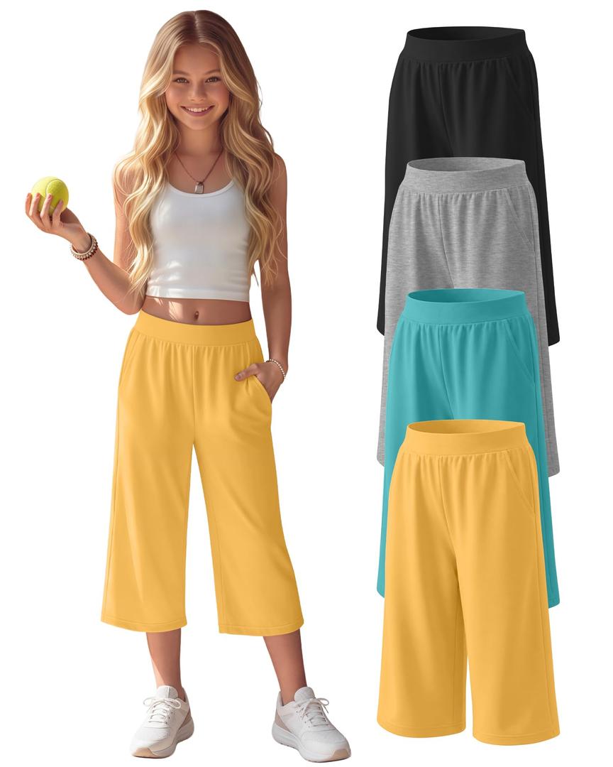 YooAurvox 4 Pack Girls' Capri Pants Wide Legs Capris with Pockets Elastic Waist Workout Yoga Pants Loose Sweatpants for Kids(Black, Light Heather Gray, Blue Green, Bright Yellow,13-14 Years)