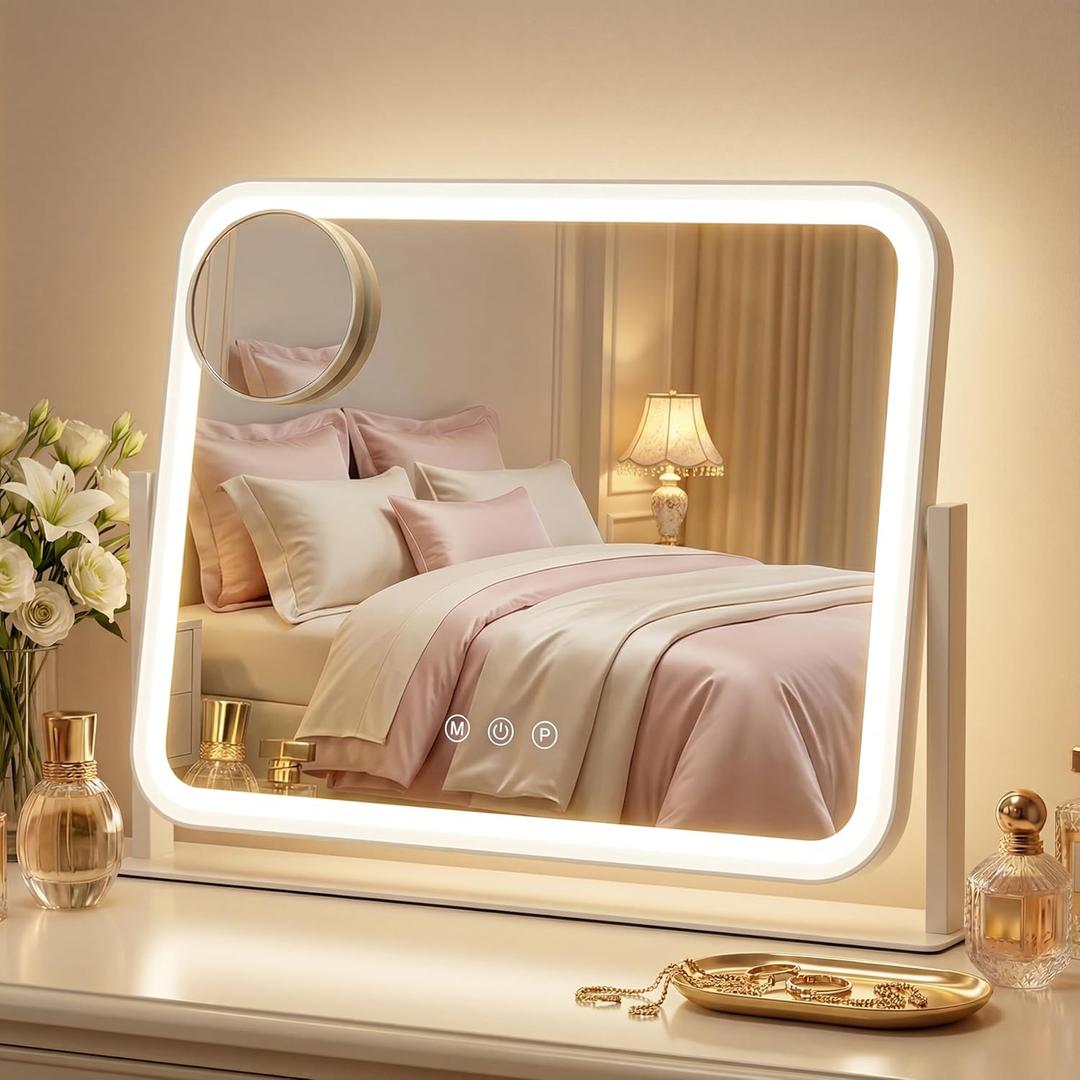 Vanity Mirror with LED Lights, 16.4x12.2 Inch Makeup Mirror, 3-Color Dimmable Touch Screen, 5X Magnification, 360 Rotation, Large Tabletop Mirror for Bedroom Vanity