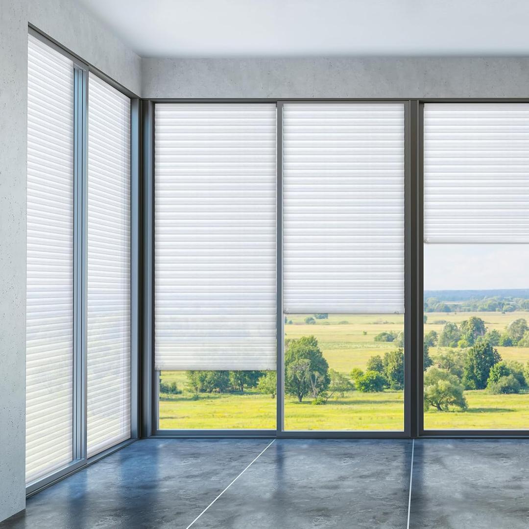 Threehoney 2 Pcs 35 x 110 Inches Temporary Blinds No Tools Cut to Size Fabric Paper Shades Adhesive Privacy Blinds for French Door Sliding Door Window Light Filtering Pleated Shades