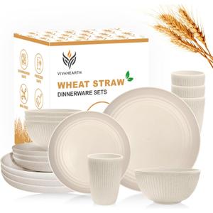 Wheat Straw Dishes Set for 4, Dinnerware Sets 16 piece, Unbreakable Plates, Bowls, Cups Sets for Kitchen Parties Camping RV - Beige