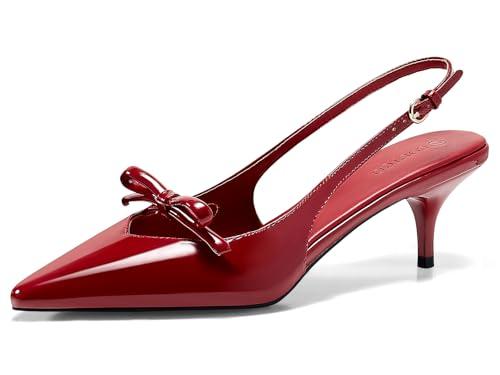 Coutgo Womens Bow Slingback Heels Low Kitten Heel Pumps Closed Pointed Toe Party Wedding Dress Shoes, Red, Size 8.5