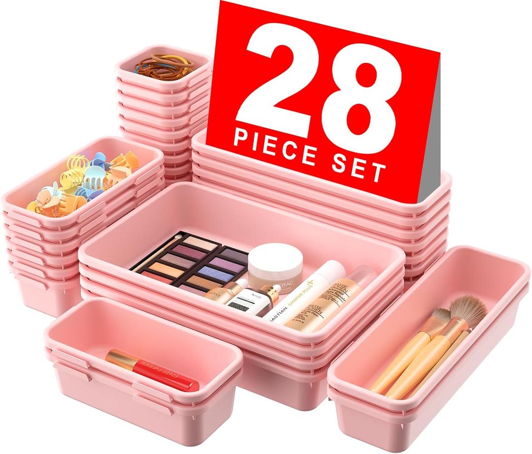 A-LuGei 28PCS Drawer Organizer, Bathroom Organizers and Storage, Makeup organizer, Desk drawer organizer, Storage Bins for Kitchen Office Bedroom Vanity Jewelry Pantry Garage, Pink, 4Size