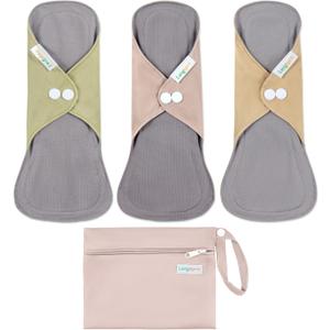 Langsprit Cotton Reusable Period Pads for Women, Washable Pads Menstrual, Regular Absorbency Cotton Cloth Menstrual Pads 3pcs Set with Mini Wet Bag, Suitable for Menstrual Period (Medium (Pack of 3), Green, Brown,yellow)