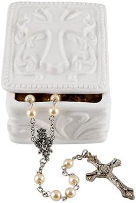 Autom White Porcelain Cross Rosary Jewelry Box (Rectangle)