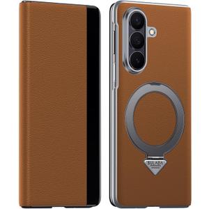 for Samsung Galaxy Z Fold 7 Case with Magnetic Ring, Business Premium Leather Flip Cover Card Slot Hard PC Inner Cover Slim Magnetic Close Folio Case for Z Fold 7 Brown
