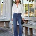 DLOODA Wide Leg Jeans Woman Stretchy High Waisted Straight Leg Jeans Loose Trendy Denim Pants with Pockets (Blue, L)