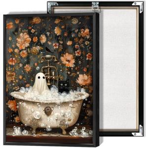 HQPCNGZ Vintage Ghost And Black Cat In Bathtub Posters Cute Bubblebath Flower Canvas Wall Art Spooky Halloween Prints Painting For Bathroom Home Bedroom Dorm Wall Decor 12x16in Unframed