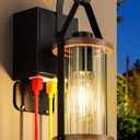 Porch Light with Outlet GFCI Dusk to Dawn Outdoor Lights for House Waterproof Exterior Lighting Fixtures Wood Look Glass Modern Front Porch Garage