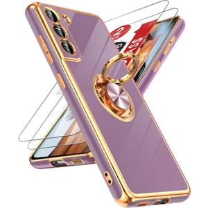 LeYi for Samsung Galaxy S21 FE 5G Case with Tempered Glass Screen Protector [2 Pack] 360 Rotatable Ring Holder Magnetic Kickstand, Plating Rose Gold Edge Protective Case, Purple