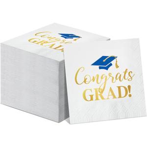 Jutom 100 Pcs Graduation Party Napkins Beverage Cocktail Foil Disposable Paper Napkins 2026 Hand Towels for Graduation Party Celebration Decorations(White Gold Blue)