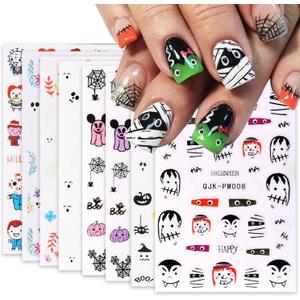 6 x 8 Sheets Halloween Nail Art Stickers Cute Pumpkin Little Ghost Nail Decals 3D Self-Adhesive Halloween Nail Stickers Mummy Nail Art Designs Accessories for Women Holiday Manicure Decor (Style 5)