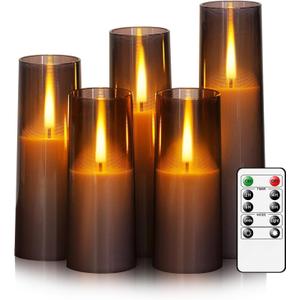 Flameless LED Candles, Battery Operated Upgraded Realistic 5 Pcs Flickering Flame Pillar Candles with Remote Timer, for Romantic Ambiance and Home Decoration (Grey)  