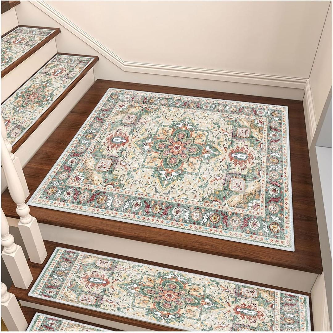 Edging Stair Treads Non-Slip Carpet Mat, 30in X 30in Indoor Stair Runners for Wooden Steps, Rubber Backing Stair Rugs for Kids Elders and Pets(Green/Beige)