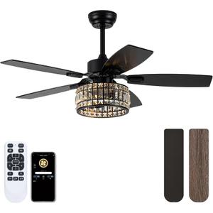 Chandelier Ceiling Fans with Lights and Remote,Caged Ceiling Fan with Light,App 5 Blades E26 Fandelier Ceiling Fans with Lights,Crystal Ceiling Fan for Bedroom,Living Room. (Black, 42 Inch)