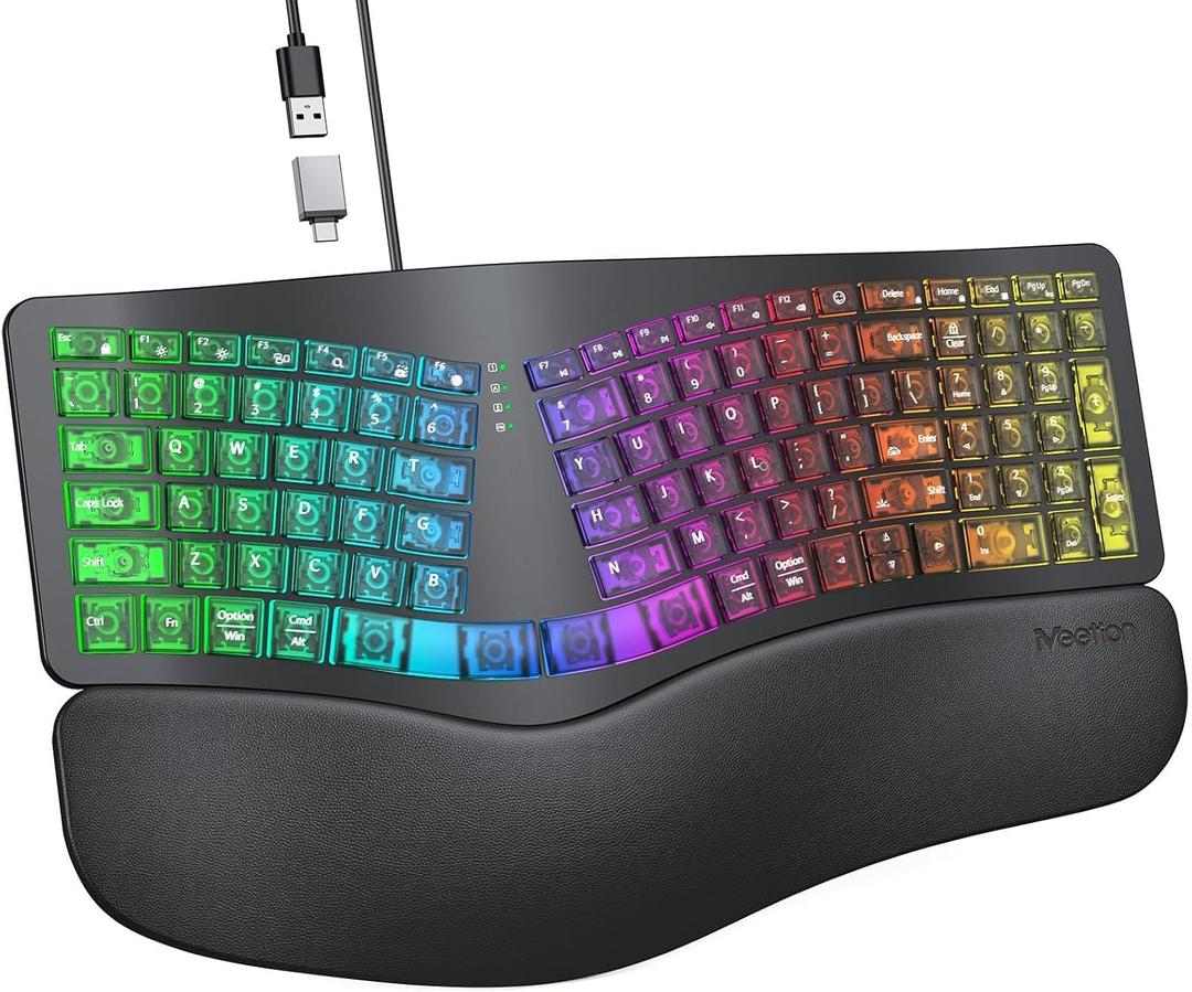 MEETION Ergonomic Keyboard Wired, 7 Colors Transparent Backlit, 4 Brightness, 1 RGB Breathing Backlit, Comfortable Wrist Rest Cushion, USB-A/USB-C Adapter Ergo Keyboard for Windows Mac Computer Laptop