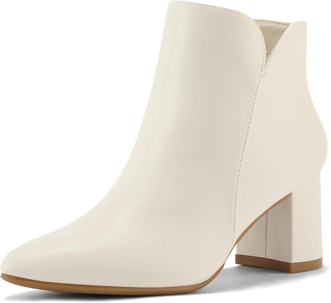 mysoft Women's Ankle Boots Chunky Block Low Heel Comfortable Pointed Toe Side V Cutout Dressy Office Booties with Zipper (8, Cream Pu)