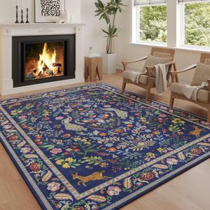 8x10 Area Rugs for Living Room Washable Rug Floral Non-Slip Large Rug for Living Room, Bedroom, Farmhouse, Dining Room, Kids Playroom(Blue) (8' x 10' (Rectangular))