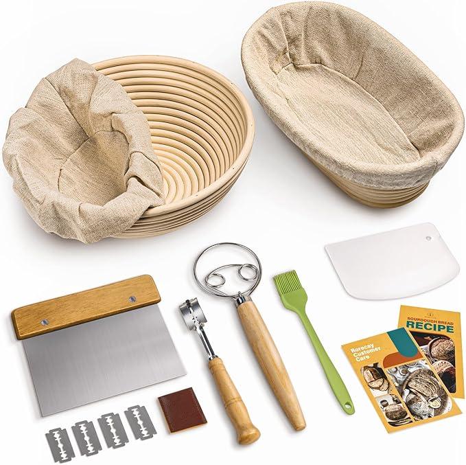 Bread Banneton Proofing Basket Set, Round & Oval Cane Sourdough Baskets with Dough Whisk Lame Dough Scraper Bowl Scraper Silicone Brush Sourdough Bread Baking Supplies