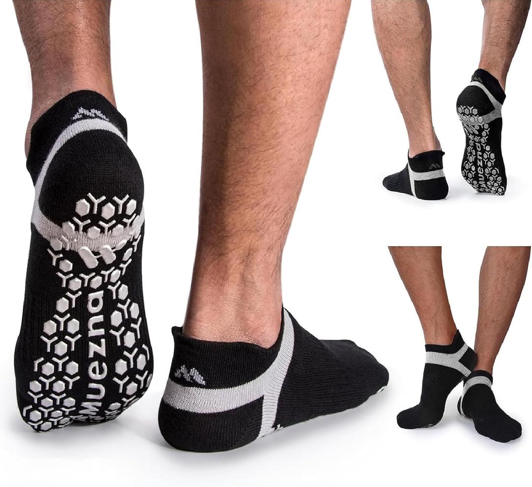 Muezna Men's Non-Slip Yoga Socks, Anti-Skid Pilates, Barre, Bikram Fitness Hospital Slipper Socks with Grips, 9-11, Black - 3 Pairs