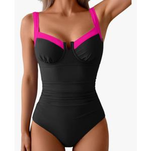 B2prity Women's Underwire One Piece Swimsuits Tummy Control Bathing Suits Push Up Swim Suit Color Block Swimwear 2XL