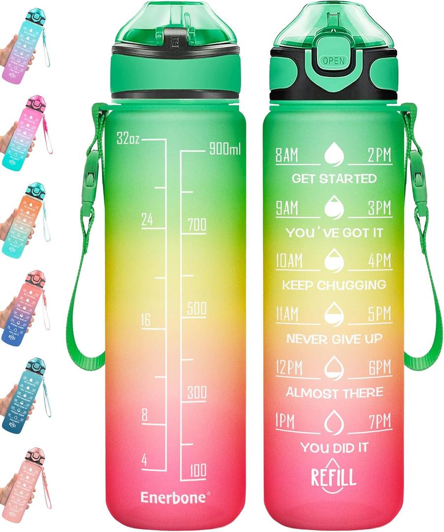 Enerbone 32 oz Drinking Water Bottle with Times to Drink and Straw, Motivational with Carrying Strap, Leakproof BPA & Toxic Free, Ensure You Drink Enough Water for Fitness Gym Outdoor (Green Red)