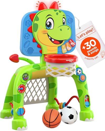 Move2Play, Dinosaur Basketball Hoop & Soccer Goal Activity Center | 30+ Sounds & Songs + 5 Lights | 1 2 3 Year Old for Boys and Girls | Toy & Gift for Baby & Toddlers
