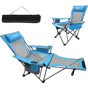 Reclining Camping Chair 4 Position with Foot Rest Comfortable for Adults 265Ibs Folding Lounger Mesh Beach Chair with Cooler Bag and Cup Holder for Outdoor Patio (Single - No Cotton Pad, Blue)