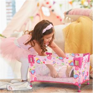 Toy Baby Doll Crib for 18'' Dolls, Cute Pink Heart Designed Baby Doll Bed with Carry Bag, Toy Crib Doll Furniture for 3 Years+ Girls