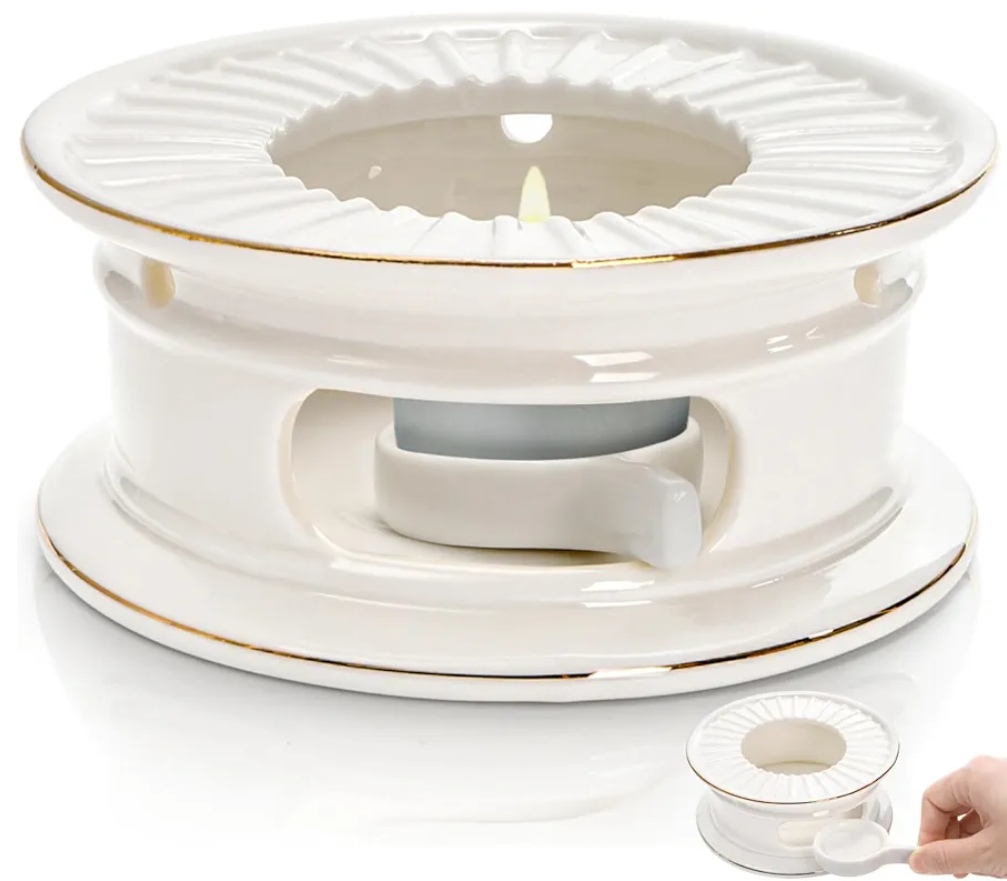 Ceramic Teapot Warmer, Gold Rim Teapot Heater with Tealight Holder, White Porcelain Tea Kettle Holder Warming Base for Heating Coffee, Milk, Water, Soup