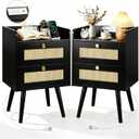 Rattan Nightstands Set of 2, Boho Bedside Table with 2 Drawers, 15.7 x 11.8 x 25 inches