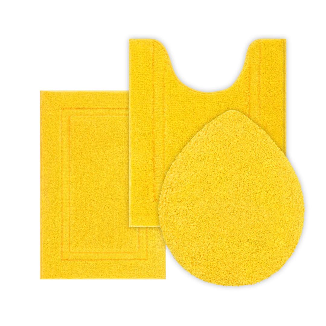SHACOS 3 Piece Bath Rugs Set with Toilet Lid Cover Soft Absorbent 16"x24" Small Bath Mats U Shape Contour Rug Toilet Cover Set Non Slip Machine Washable Plush Bathroom Rug(Yellow)