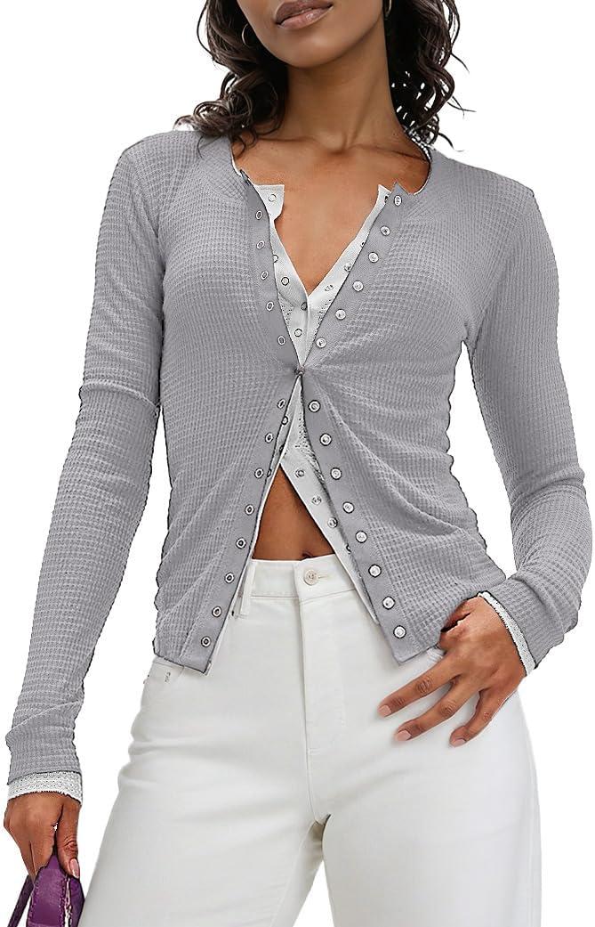 Sweetmoon Button Up Cardigan Sweaters for Women Lightweight Waffle Knit Long Sleeve Going Out Tops Slim Fitted Cardigan Y2k (Gray, L)