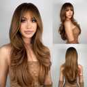 N NAYASA Light Brown Wigs for Women Brown Wig with Bangs 24‘’Ombre Brown Wig with Dark Roots Long Layered Wig Heat Resistant Synthetic Wig Natural Looking Wigs for Daily Party Use