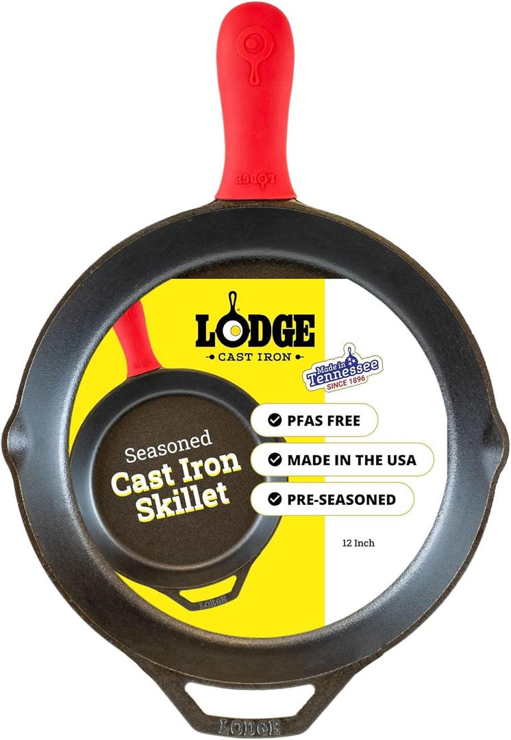 Lodge Seasoned Cast Iron Skillet - Quality Frying Pan for the Stove, Oven, Grill & Campfire - Includes Silicone Hot Handle Holder - Non-Toxic, Nonstick & Long-Lasting - 12 Inches