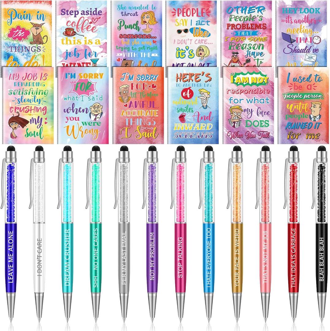 24 Pcs Funny Pens Notepads Gifts Set for Teacher Nurse Christian Theme Appreciation Gift Bulk Inspirational Negative Motivational Notepad Diamond Ballpoint Pen for Nurse Teacher Office (Cute)