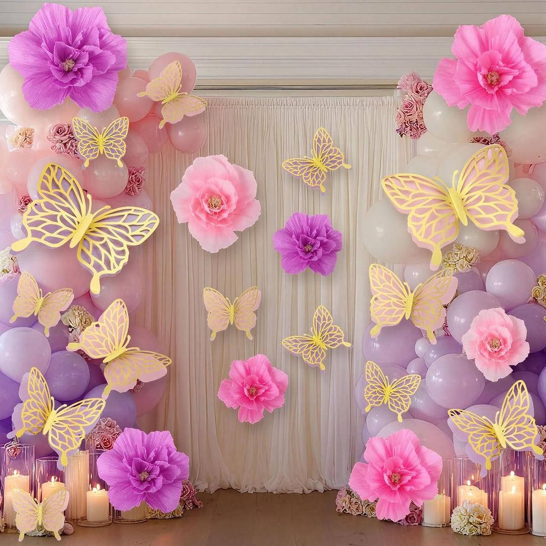 Honoson 22 Pcs 3 Sizes Large Butterfly Party Decorations 3D Giant Pastel Flowers Decors 2 Layer Paper Butterfly 12" 10" 8" Paper Flowers for Birthday Party Wedding Baby Shower Spring(Gold, Purple)