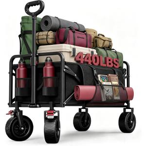 200L Collapsible Wagon Carts Foldable, Heavy Duty Beach Wagon with 7.48" All-Terrain Wheels, Portable Folding Utility Carts with Side Pocket for Beach, Camping, Groceries, Garden & Sports