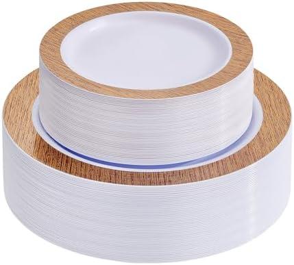 I00000 102 Pcs Wood Grain Brown Plastic Plates, Brown Party Plates Premium Plastic Disposable Plate Disposable Include 51 Dinner Platos 10" & 51 Dessert Platos 7", Elegant Wood Grain Design for Party