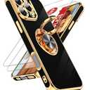 LeYi for iPhone 16 Pro Max Case: with 2 Pack Tempered Glass Screen Protector and 360° Rotatable Ring Holder Magnetic Kickstand, Plating Rose Gold Edge Protective for iPhone 16 Pro Max Case, Black
