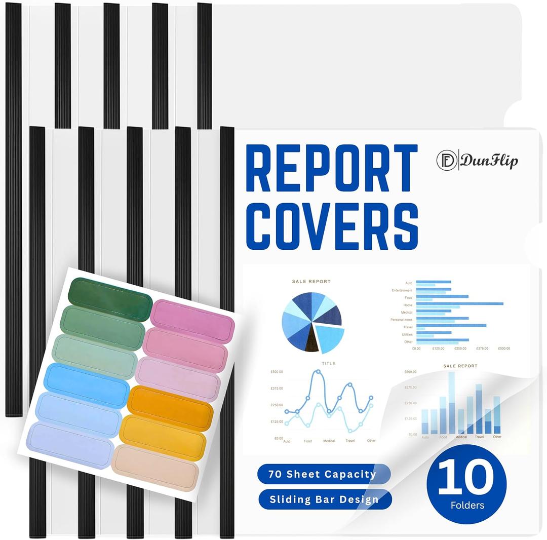 Clear Report Covers with Sliding Bar 10 Pack - 70 Sheet Capacity Presentation Folders with 12 Label Stickers for US Letter Size 8.5x11" and A4
