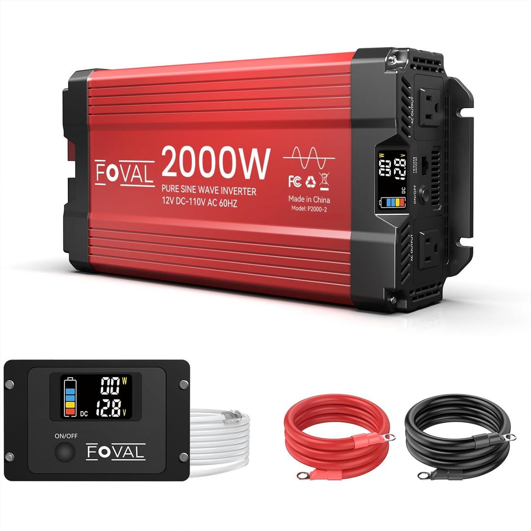 FOVAL 2000W Pure Sine Wave Inverter 12V DC to 110V AC Converter, 4000W Peak Power Inverter with LCD Display and 2 AC Outlets for Home, RV, Truck, and Off-Grid Solar System, Remote Controller