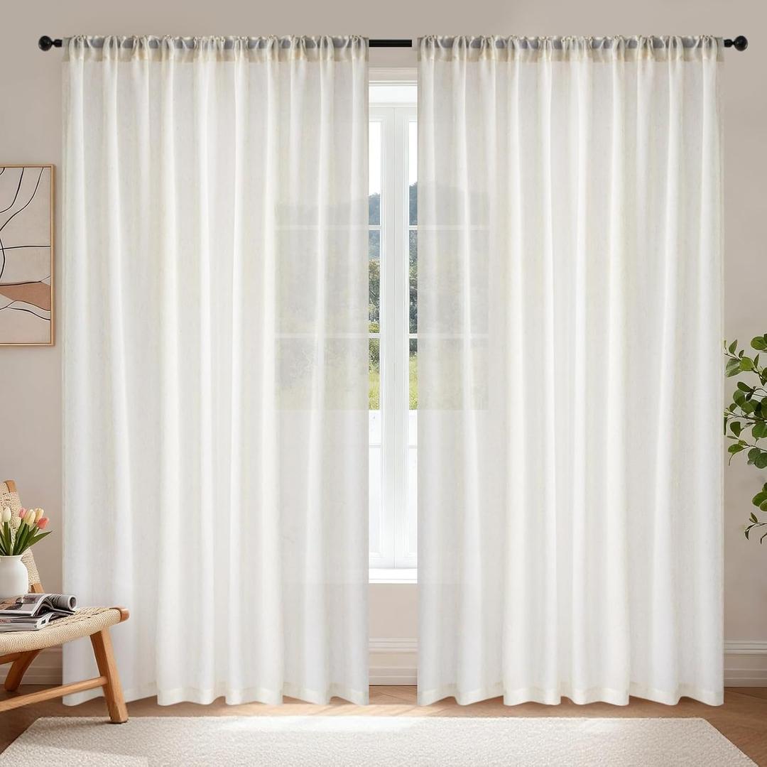 Dreaming Casa Linen Blend Sheer Curtains 96 Inches Long, 2 Panels, Natural | Each 100"W x 96"L Rod Pocket & Back Tab Curtain Drapes, Light Filtering See Through Window Treatment for Living Room Bedroom