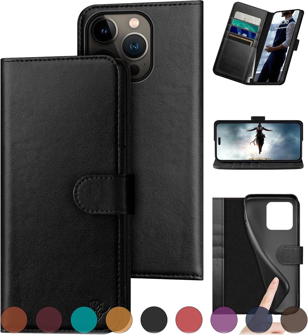 Compatible with iPhone 16 Pro Max 6.9" Genuine Leather Wallet caseRFID Blocking4 Credit Card HolderReal Leather Flip Folio Book Phone case Cover Women Men for Apple 16 ProMax case Black